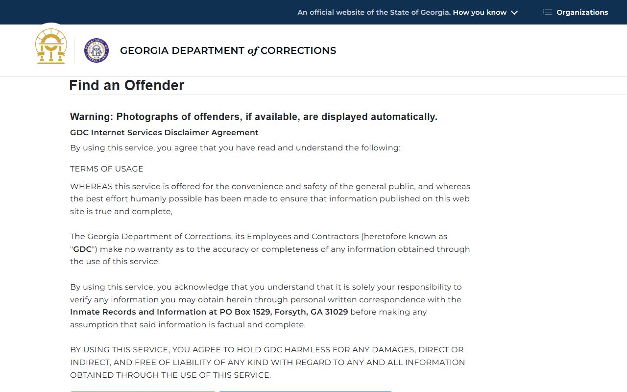 Georgia GDC offender query fields for Tift County inmate population searches