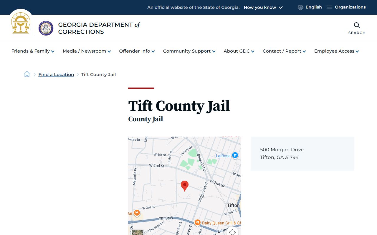 GDC location page for Tift County Jail inmate lookup