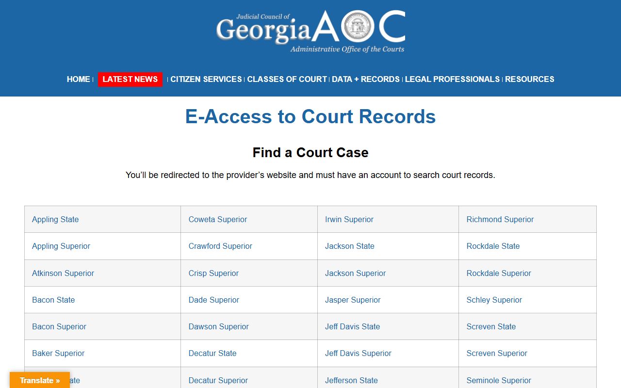 Georgia Courts e-access page routing Tift court records to PeachCourt