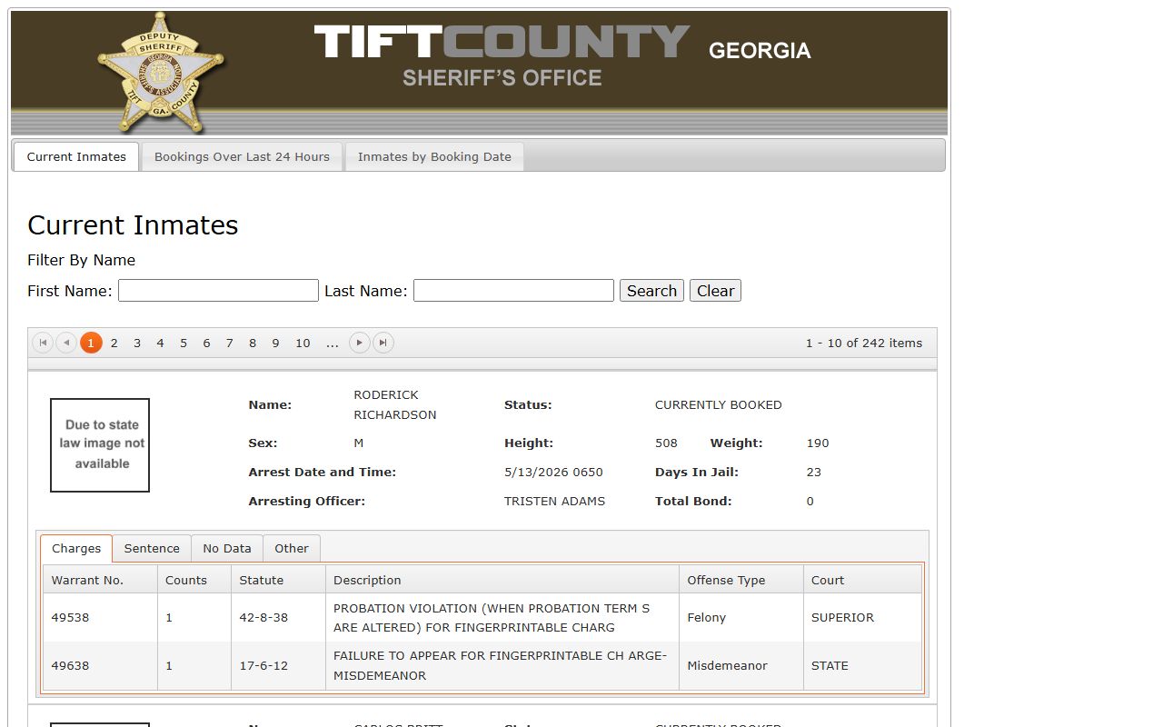 Tift County inmate population roster search tabs on OffenderIndex