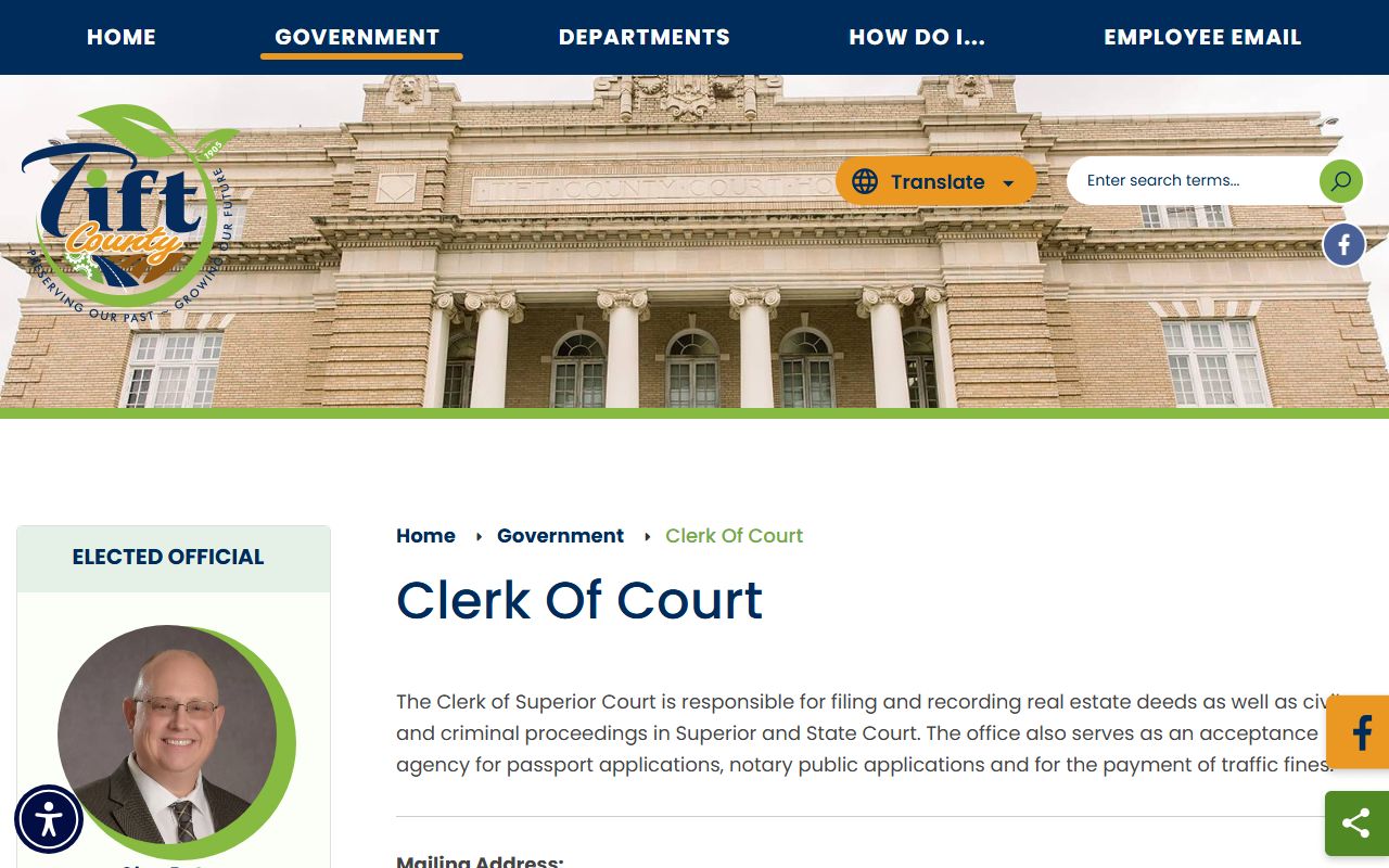 Tift County Clerk of Court page with criminal filing contact information