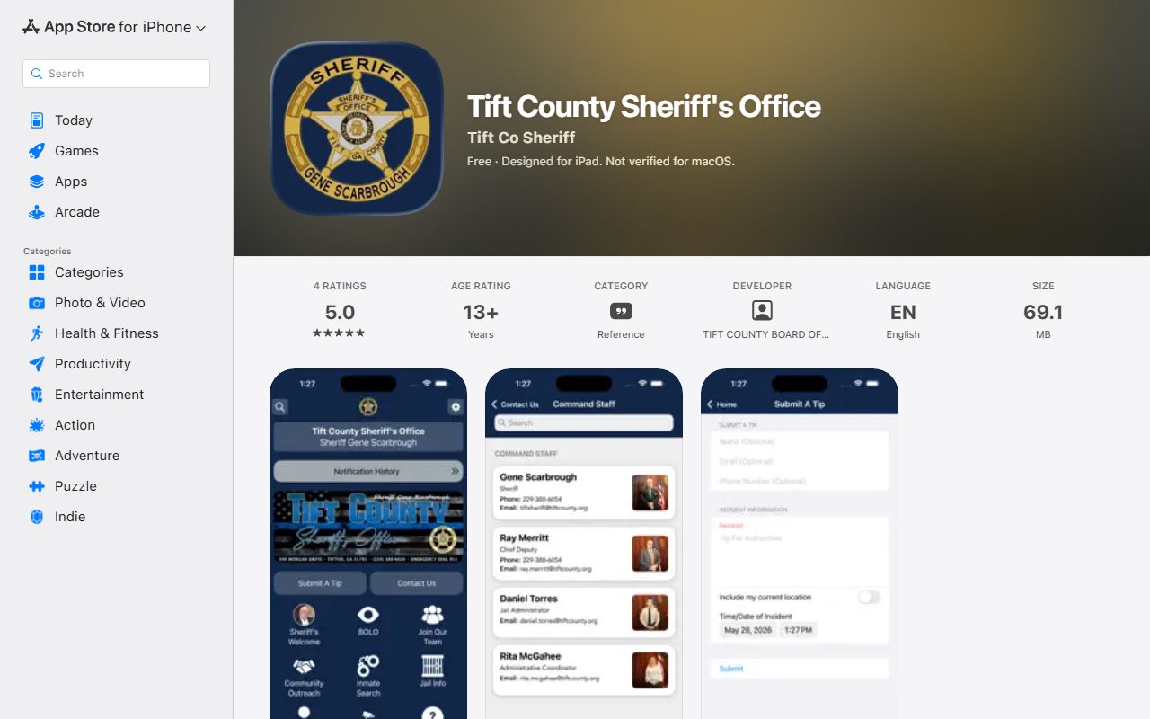 Apple App Store listing for the Tift County Sheriff's Office app